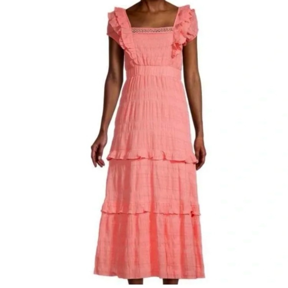 Betsy Johnson Lovely Layers Textured Ruffled Maxi Dress in Flamingo Pink, Sz M